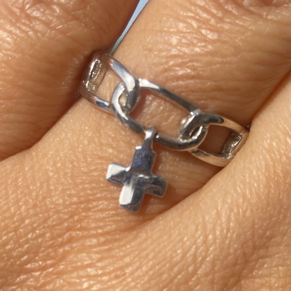 Sterling Silver Ring with Long Chain Link Cross Pendant